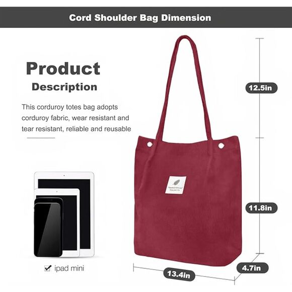 Women Red Imported Corduroy Small Canvas Shoulder Handy Tote Bag - Picture 3 of 4